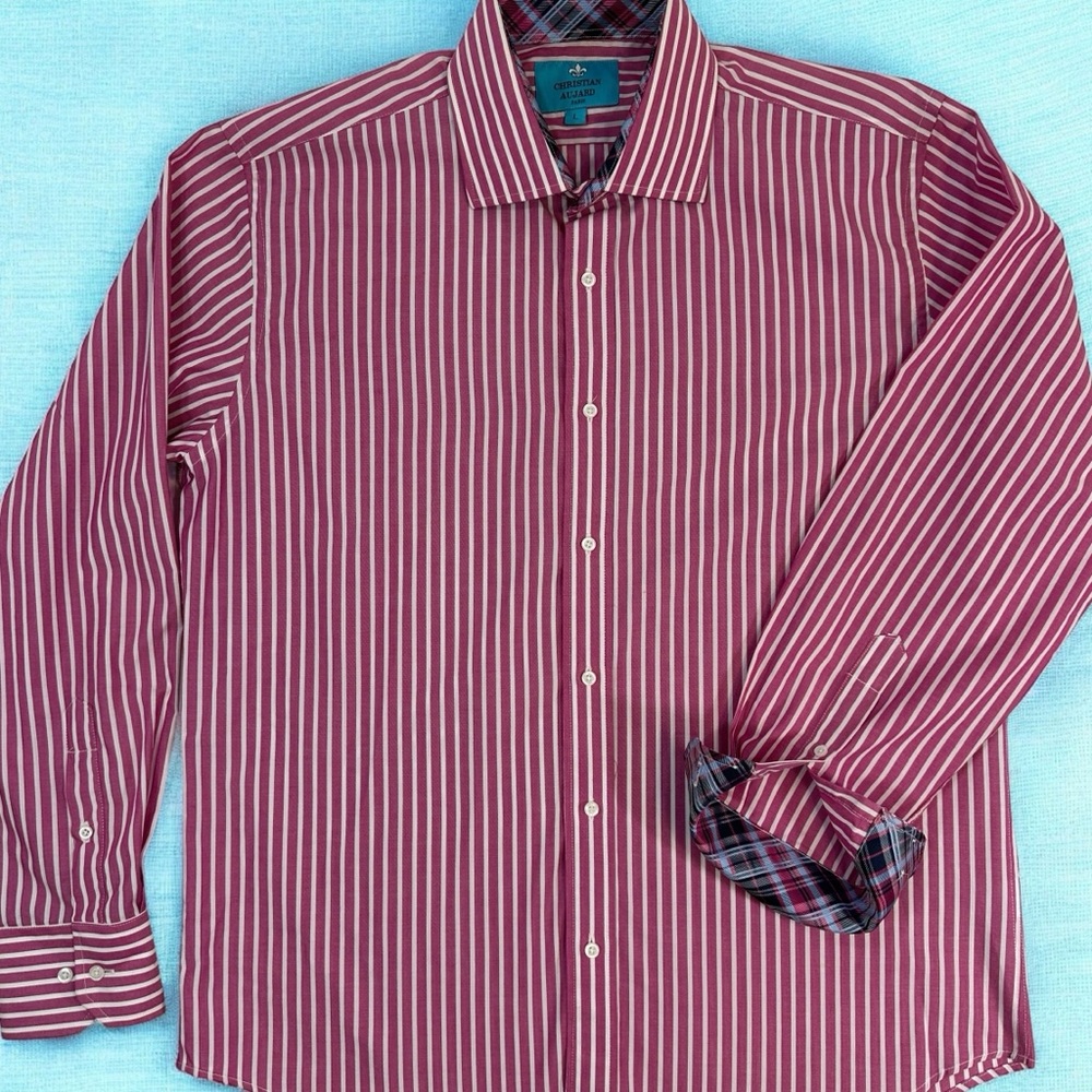 Christian Aujard Paris Cotton Pink White Striped Button Up Shirt EASTER sz L